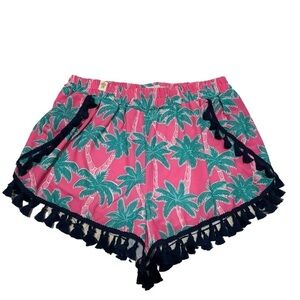 Simply Southern Pink Palm Tree Print Fringe Tassel Shorts Size S/M